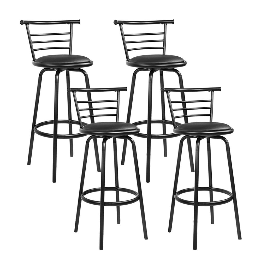 Artiss Set of 4 PU Leather Bar Stools in black with steel base, featuring a 360-degree swivel seat and curved backrest.